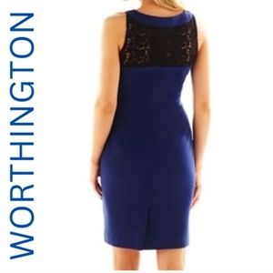 Worthington Blue Depths Sleeveless Lace-Back Sheath Dress.
